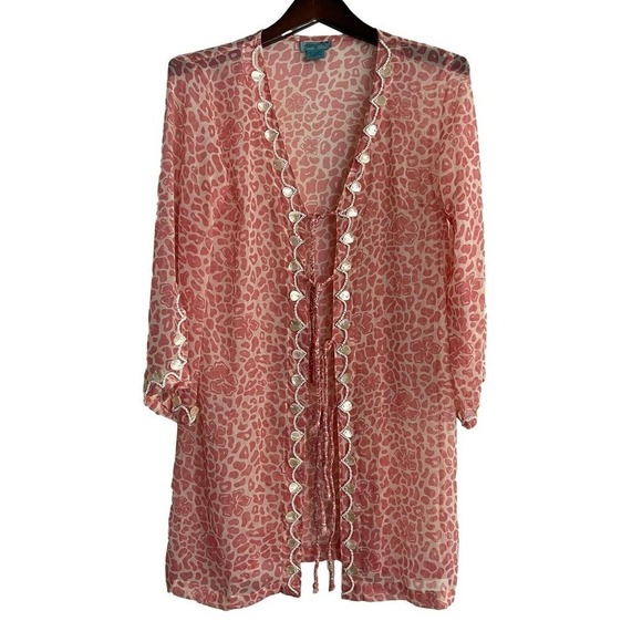 Letarte M Cover Up Pink Chiffon Shell Trim Kimono Animal Print Swim Tunic - Picture 1 of 9
